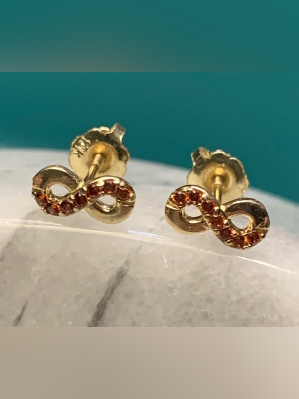 10k Gold + Ruby CZ Infinity Stud Earrings With Screw Backs. REAL GOLD